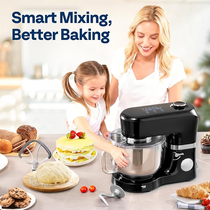 VIVOHOME Stand Mixer with Dough Proofing, 6-Quart Tilt-Head Mixer, Black | One-Touch Programs, Adjustable Temperature & Time, Flex Edge Beater, Dough Hook, Whisk, Stainless Steel Bowl, Splash Guard