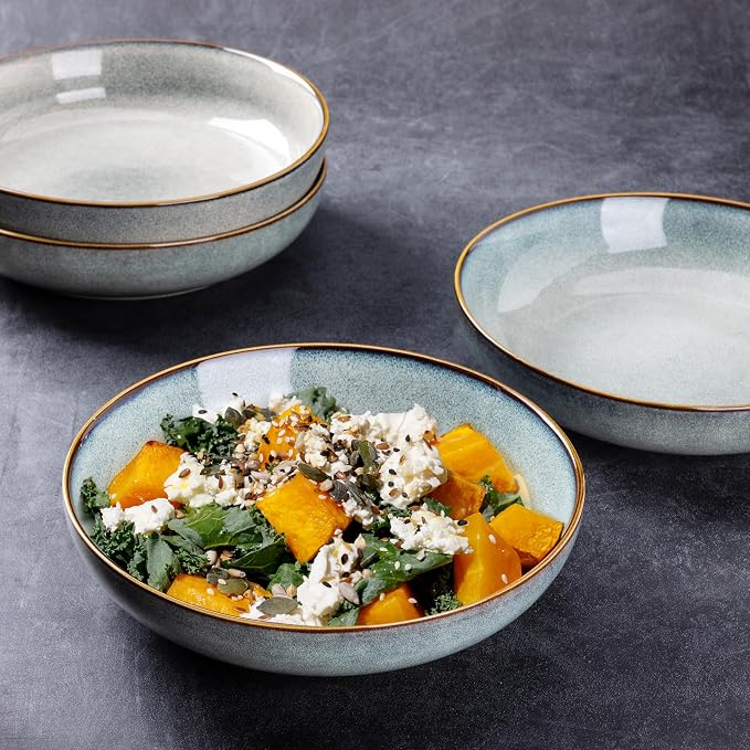 AmorArc 8.5’’ Ceramic Pasta Bowls Set of 6, 36oz Large Stoneware Bowls Set | Large Dinner Serving Bowls Set, Wide Bowl Plate for Pasta,Salad, Soup, Microwave Safe, Reactive Glaze-Ocean Blue