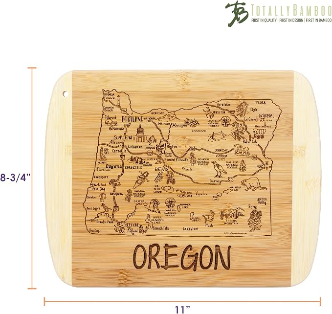 Totally Bamboo A Slice of Life Oregon Engraved Map Cutting Board | 11” x 8.75” charcuterie board with engraved state map artwork. Smooth reverse side for food prep. Hang tie for wall display.