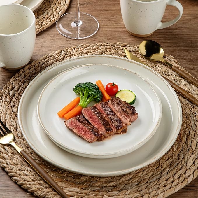 AmorArc Dinnerware Sets for 8, 24 Pieces Ceramic Plates and Bowls Set | Scratch Resistant Stoneware Dishes Set, Dishwasher & Microwave Safe, Light Beige
