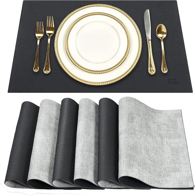 Leather Placemats Table Mats Set of 6, Black & Gray | Reversible Non-Slip Table Placemats, Heat-Resistant and Waterproof for Dining Kitchen and Holiday Parties