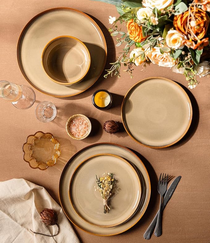 Ceramic Dinnerware Set for 4, 12-Piece Plates and Bowls Set | Handmade Reactive Glaze Dish Set, Scratch Resistant, Oven & Microwave & Dishwasher Safe, Creamy Amber