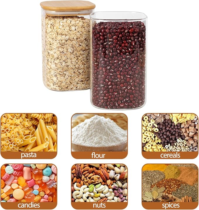 Moretoes 6pcs Glass Food Storage Containers with Lids, 1.2qt Glass Jars | Square Glass Storage Containers with Bamboo Press Lids, Airtight Pantry Storage Jars for Flour, Sugar, Dry Goods