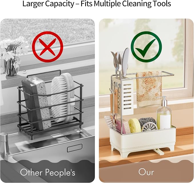 MOUKABAL 2-Tier Sponge Holder for Kitchen Sink Caddy Organizer,Off-white | Large Capacity/Rustproof Stainless Steel/360° Rotating Drain Keeps Counter Dry/Holds Sponge & Soap Bottle/Easy-Clean Tray