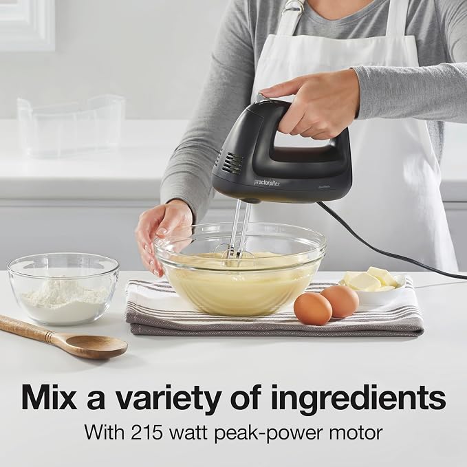 Proctor Silex Easy Mix 5-Speed Electric Hand Mixer with Bowl Rest | Compact and Lightweight | 215 Watts of Peak Power | Snap-On Storage Case | Black | 62512
