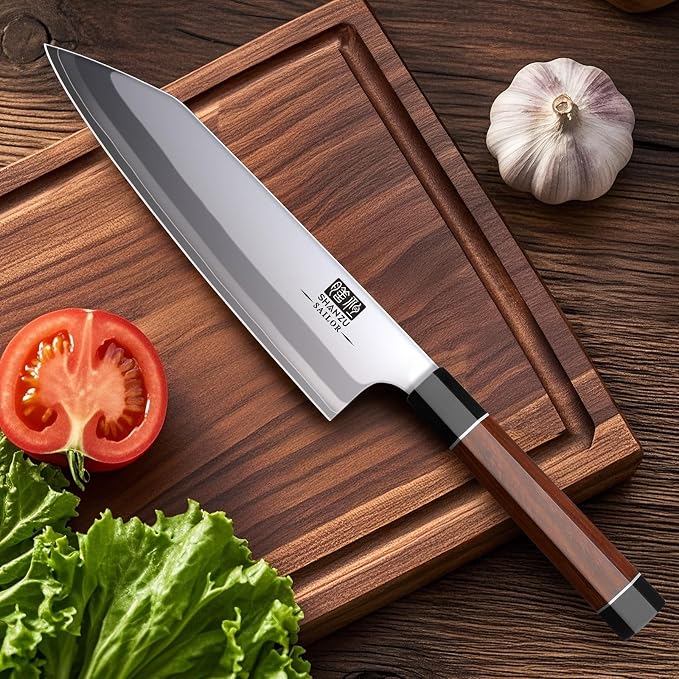 SHAN ZU 8 Inch Japanese Chef Knife, 9 Layers 10Cr15MoV High Carbon Steel | Professional Kitchen Knife, Sharp Cooking Knife with Ergonomic Red Sandalwood Handle, Meat Cutting Sashimi Kiritsuke Knife