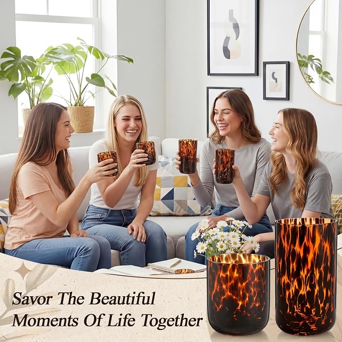 SiliFine Set of 2 Tortoise Shell Leopard Print Stemless Wine Glasses, 17oz & 14oz, Hand Blown Wine Glasses, Brown Glassware, Ideal Tumbler for Gin, Tequila, Gifts for Party