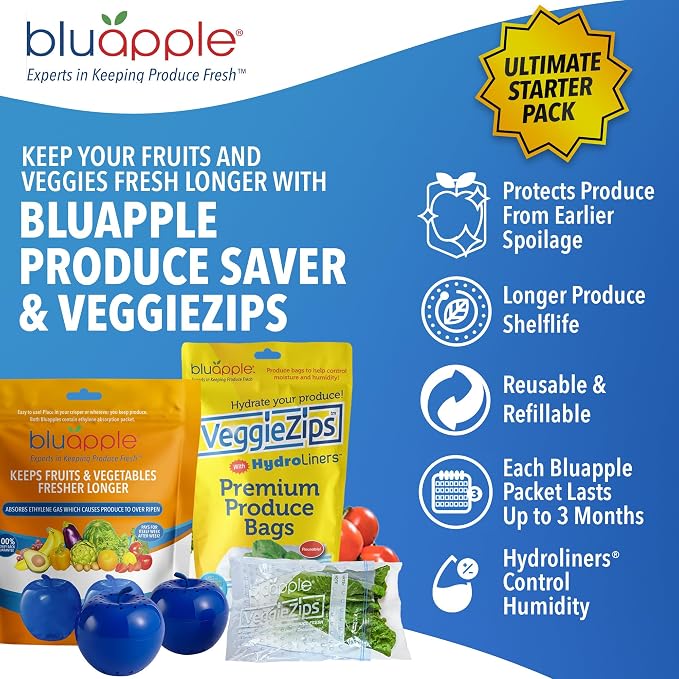 Bluapple Produce Saver Ethylene Gas Absorber - Fresh Fruit & Vegetable Storage, VeggieZips Humidity Control Storage Bags, Food Savers for Refrigerator, Kitchen Must Haves, BPA Free - Starter Pack