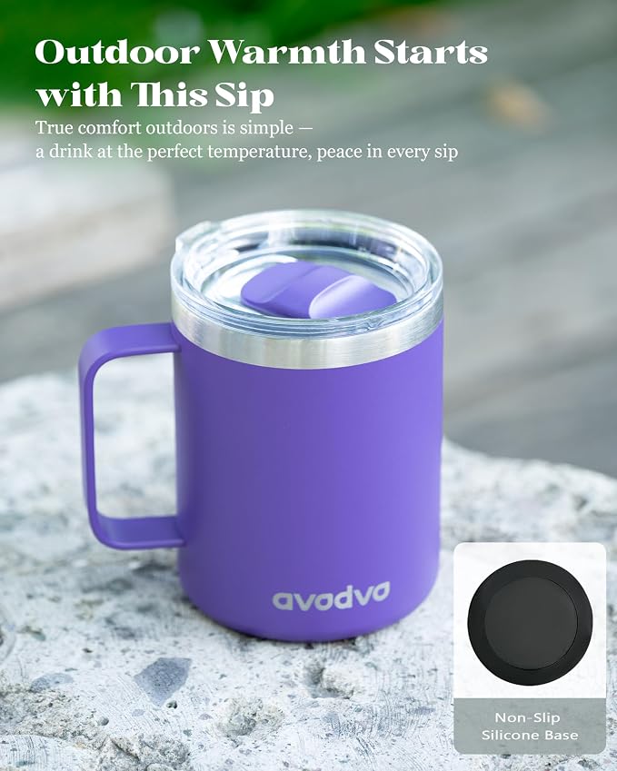 12oz Insulated Coffee Mug with Lid – Includes Two Lids, Stainless Steel Coffee Travel Mug with Handle, Double Wall Vacuum Insulated Camping Mug for Home, Office & Outdoor, Dark Purple