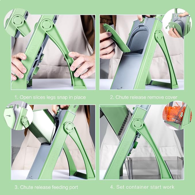ONCE FOR ALL Safe Mandoline Slicer Plus, Bigger Size, Veggie Slicer, Green | 0.1-8mm Adjustable Vegetable Food Chopper, Kitchen Mandoline Slicer Stainless Steel, Detachable Blade, Dishwasher-safe, Gift