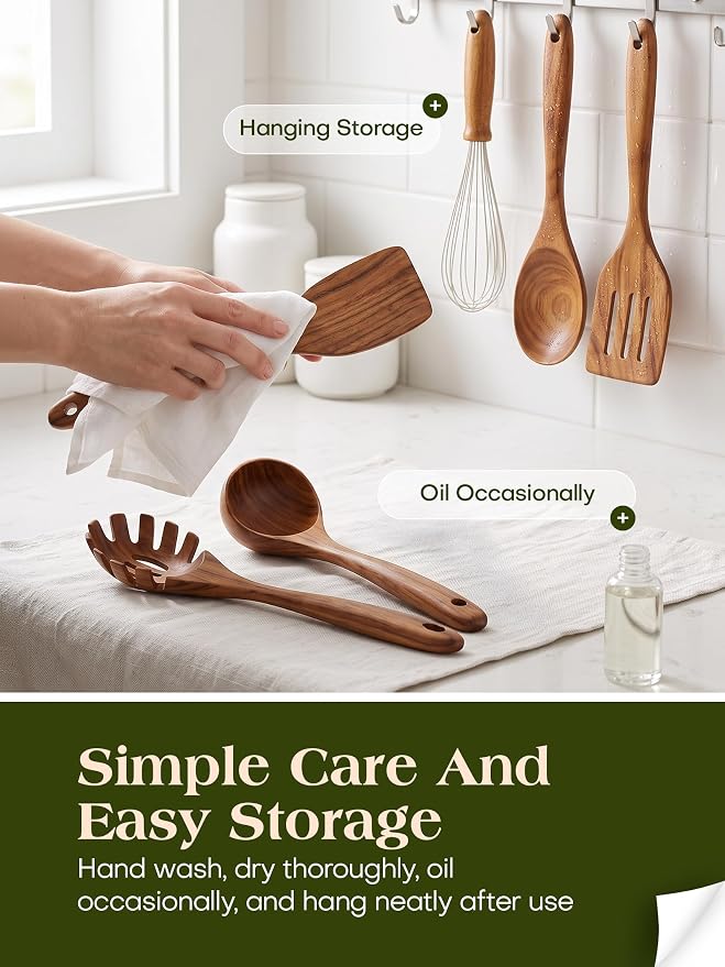 Nonstick Wooden Utensil Set for Cooking, Handmade Smooth Finish Teak Wood Spoons Spatula Turner for Cooking and Kitchen Gifts (7Pcs)