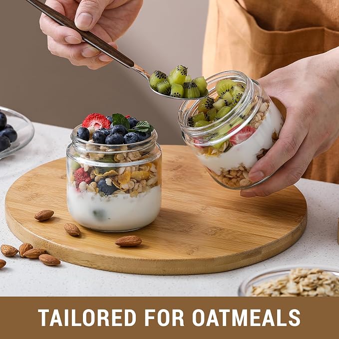 NETANY 4-pack 10oz Glass jars with Airtight Lids, Overnight Oats Containers with Bamboo Lids, Wide mouth Mason Salad jars, Glass Food Storage Containers for Snacks Yogurt Spice Sugar