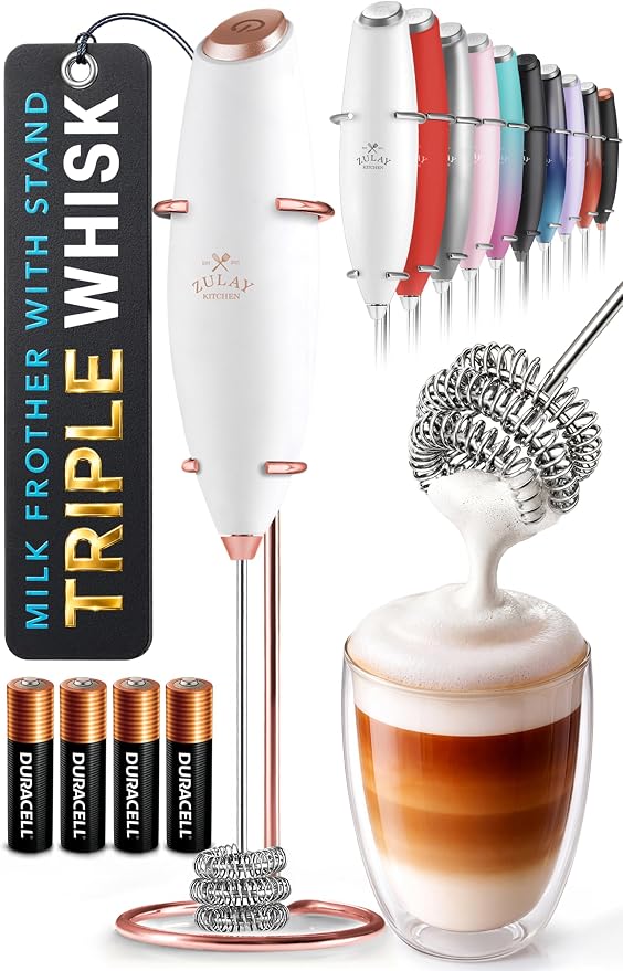 Zulay Kitchen Powerful Milk Frother Wand With Duracell Batteries - Ultra Fast Handheld Drink Mixer - Electric Whisk Foam Maker for Coffee, Lattes, Cappuccino & Matcha - Triple Whisk - Black