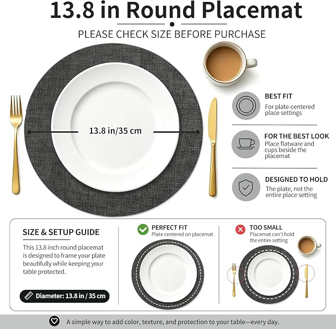 Maxpearl Faux Leather Round Placemats Set of 6, 13.8 inch, Dark Grey | Waterproof, Heat Resistant, Non Slip, Wipe Clean Dining Table Place Mats, Suitable for Indoor & Outdoor Use, Table Settings