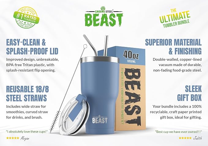 Beast 40 oz tumbler - Vacuum Insulated Tumbler with Straw - Leak Proof Stainless Steel Travel Mug - Double Wall Iced Coffee Cup - Reusable Water Bottle - Gifts for Mom, Women and Men (Stormy Sky Blue)