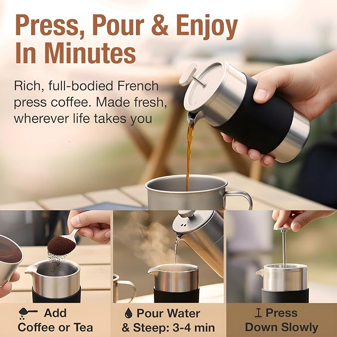 Small French Press Coffee Maker Set - 12 oz | Portable Travel French Press Coffee Maker | Double Wall Insulated with Dual Stainless Filters & 2 Steel Canisters for Grounds, Tea, Creamer & Sugar