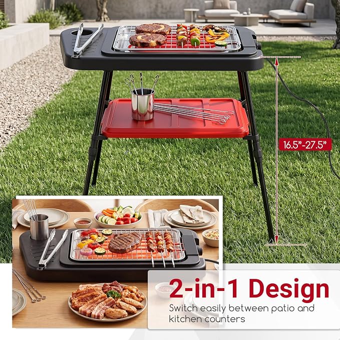 Giantex 2-in-1 Electric Grill and Griddle Indoor Outdoor | Portable Low-Smoke BBQ Grill with Adjustable Stand, Grease Tray, Tabletop or Freestanding, for Picnic Camping Backyard, 1500W