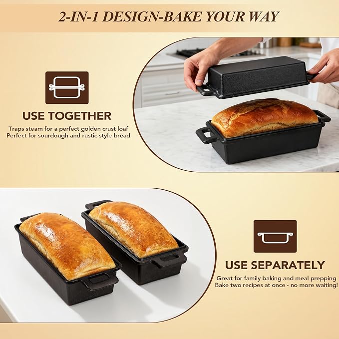 ROTTOGOON 2 in 1 Cast Iron Loaf Pan with Lid,Even Heat Distribution Bread Baking Pans for Sourdough, Homemade Bread,Cake and Meatloaf