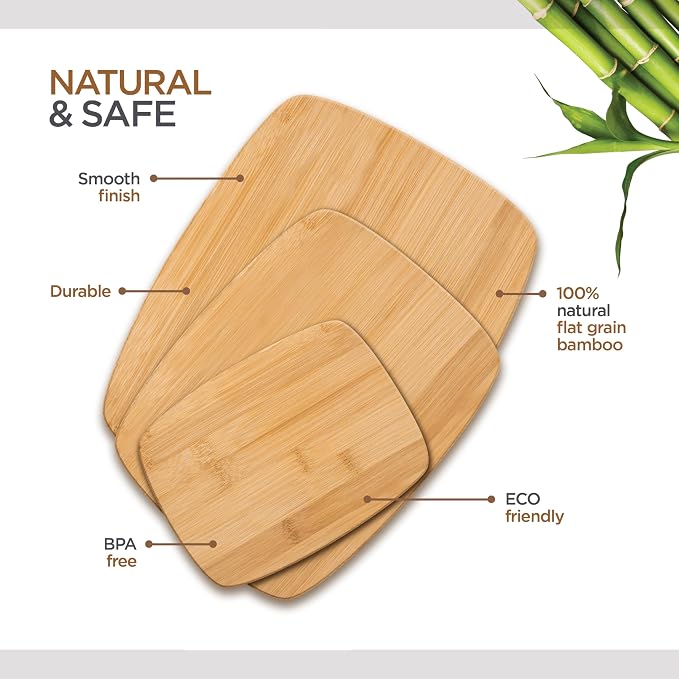 Bamboo Cutting Board Set for Kitchen - 3 Piece Reversible Wooden Cutting Boards, Wood Chopping Boards for Meat, Bread, Fruit, Cheese, Meal Prep, Wood Board and Charcuterie Serving Boards by Bambusi