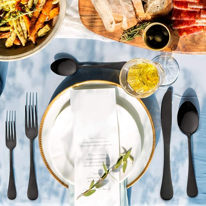 LIANYU Black Silverware Set for 2, 10-Piece Stainless Steel Cutlery Set | Includes Knives, Spoons and Forks, Mirror Polished Dining Flatware Tableware, Dishwasher Safe