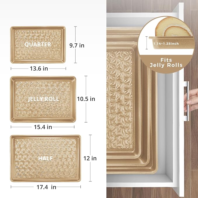Nonstick Baking Sheet Pan Set of 3, Cookie Sheets for Oven, Non-Toxic Half/Quarter/Jelly Roll Pans with Floral Swirl Texture, Heavy Duty 0.8mm Thick Oven Trays for Cooking, Antique Gold