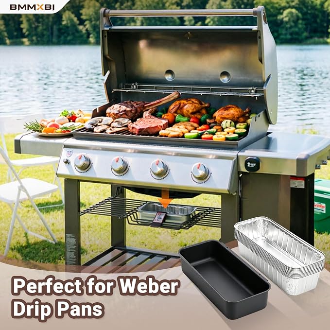 70379 Catch Pan with 10-Pack Aluminum Foil Liners for Weber Genesis II/II LX 400 & 600 Series Parts, 6498 6417 Grease Tray Liners Kit for Weber Summit 400/600 & Smokefire Ex6/Ex4/EPX6 Grill