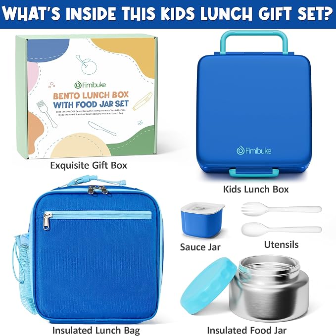 Fimibuke 60oz Kids Bento lunch Box with Insulated Lunch Bag & 8.5oz Thermo | Leakproof 3-4 Compartment Toddler Kids Lunch Box Food Container w/ Utensils, Sauce Cup for School Boys Girls, Dishwasher Safe