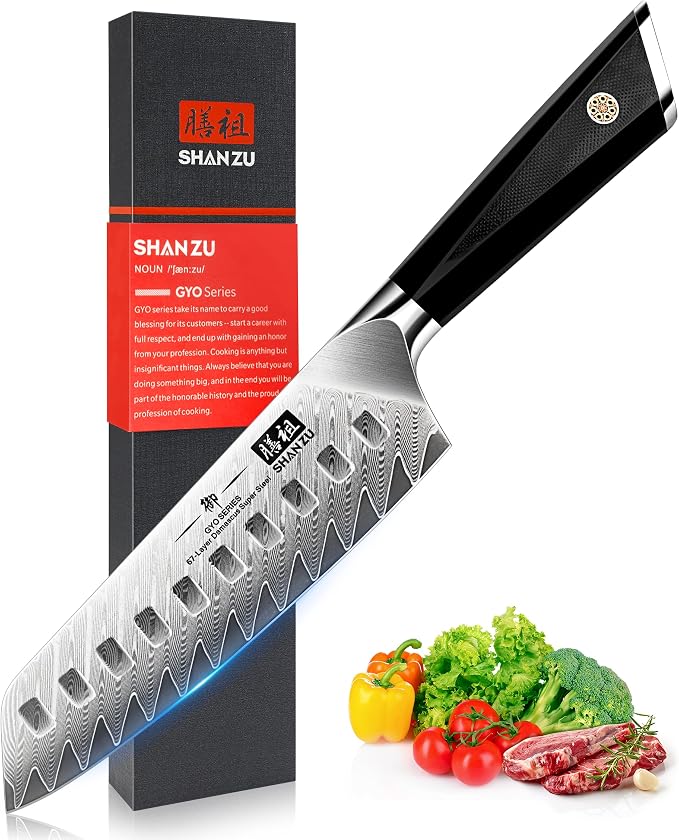 SHAN ZU Damascus Chef Knife Santoku Knife 7 Inch | Professional Kitchen Knives, 67 Layers Damascus Stainless Steel 10Cr15CoMoV Cooking Knife with G10 Handle/Gift Box