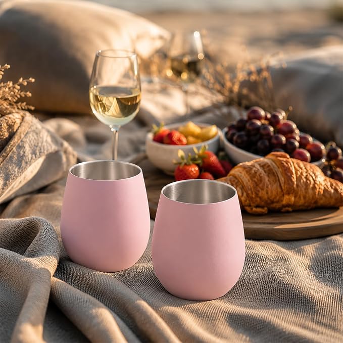 K&K Home Stainless Steel Unbreakable Stemless Wine Glasses - 15 oz - Set of 4 Colored, Stemless Metal Wine Glasses Perfect for Outdoors, Weddings, and Parties (Pink)