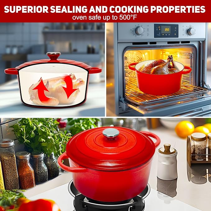 5QT Enameled Cast Iron Dutch Oven for Bread Baking with Lid, Sourdough Baking Supplies with Proofing Basket, Bread Making Tools Set, Heavy-Duty Cookware for Braising, Stews, Roasting(Red)