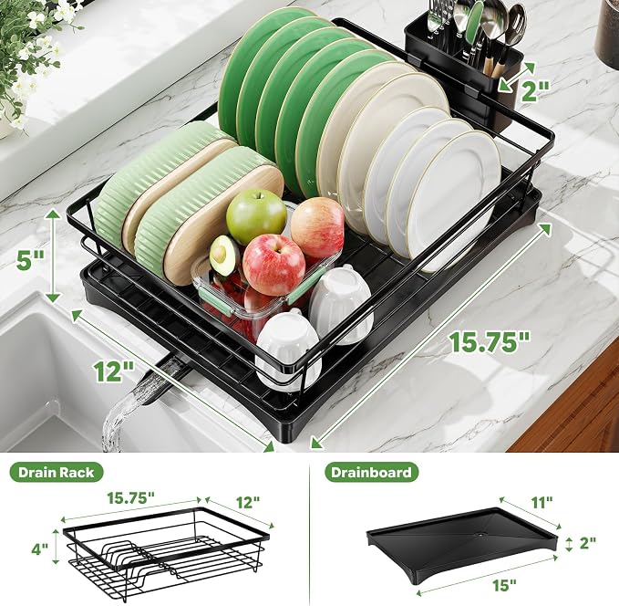 Simple Trending Dish Drying Rack, 12''W x 16''L, Black | Dish Rack for Kitchen Counter, Stainless Steel Dish Drainer, Cutlery Holder, Drainboard, Space-Saving, Easy Installation