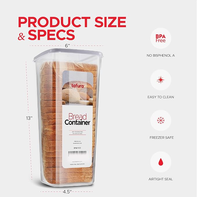 Tafura Bread ContaSilicone-sealed lid helps reduce air exposure to maintain texture and flavor for longer.iner, Airtight BPA-Free Bread Storage Box, White Lid