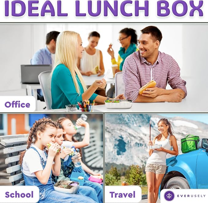Stainless Steel Bento Box + Condiment Container - Lavender, 37oz / 1.1 L | Everusely metal lunch box, leakproof sauce container, 3 compartment snack organizer for travel, freezer & dishwasher safe
