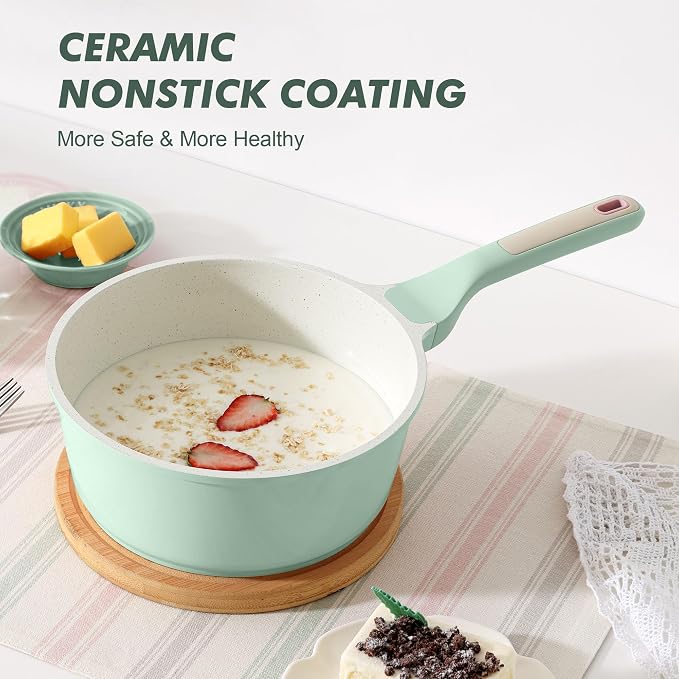SENSARTE Ceramic Nonstick Saucepan with Lid 2.0QT, PTFE/PFAS Free, Green | Kitchen Cooking Pot with Stay Cool Handle, Induction Compatible, Ceramic Coating
