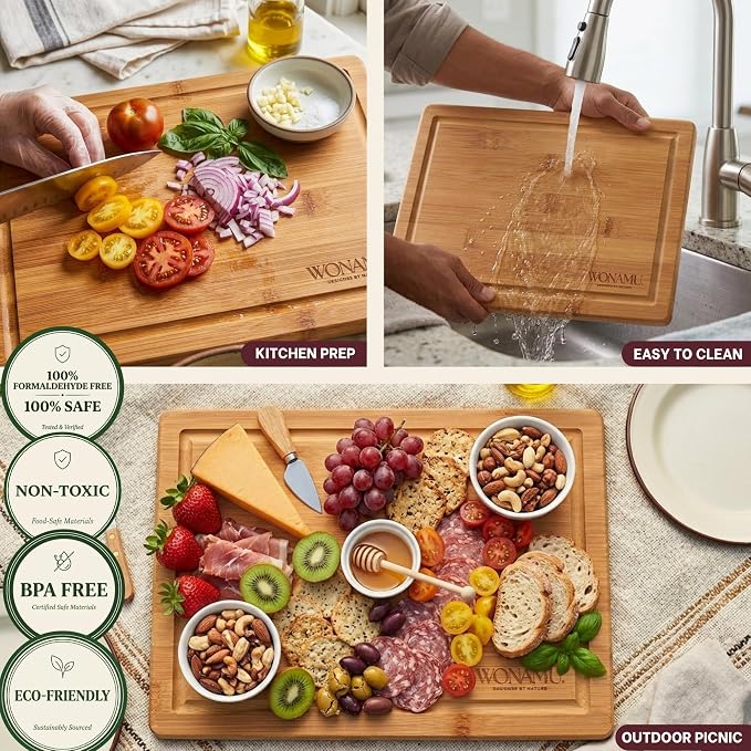 WONAMU Small Bamboo Cutting Board Non Toxic, Wood Cutting Boards Gift Set | Wooden Cutting Boards for Kitchen, Cotton Cloth & Gift Packaging Included, Housewarming Gifts New Home, Charcuterie Tray