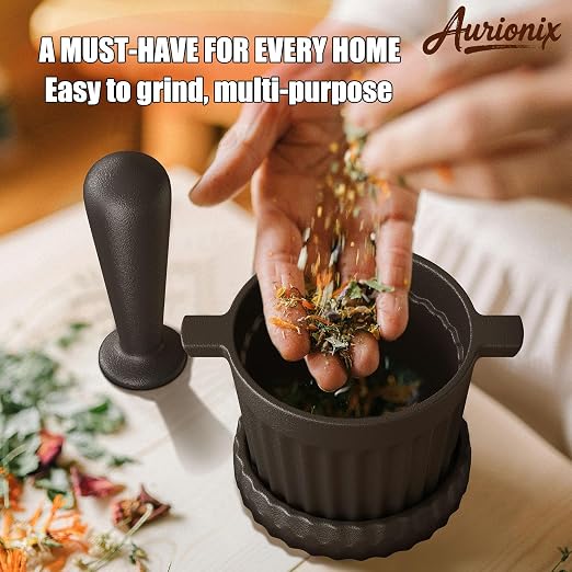 Cast Iron Mortar and Pestle Set with Grater Plate, Brush and Spoon | Heavy-duty cast iron mortar and pestle set with grater plate, brush and spoon for grinding spices, herbs and garlic.