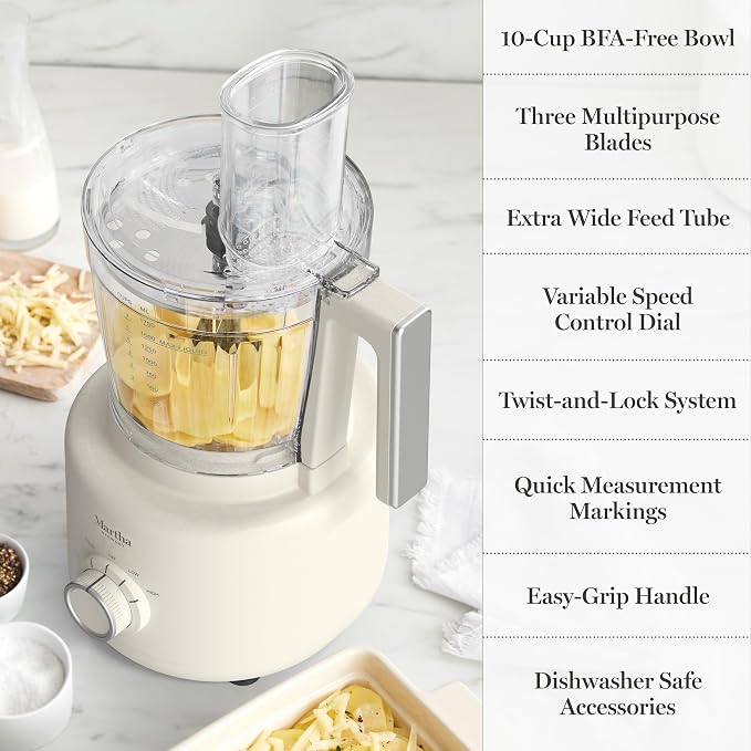 Martha Stewart 10 Cup Food Processor & Electric Chopper, One Touch Pulse | BPA-Free Bowl, 3 Multipurpose Blades, Easy Food Prep, Chop, Slice, Shred, Puree, Emulsify, Speed Dial, Wide Feed Chute, Cream