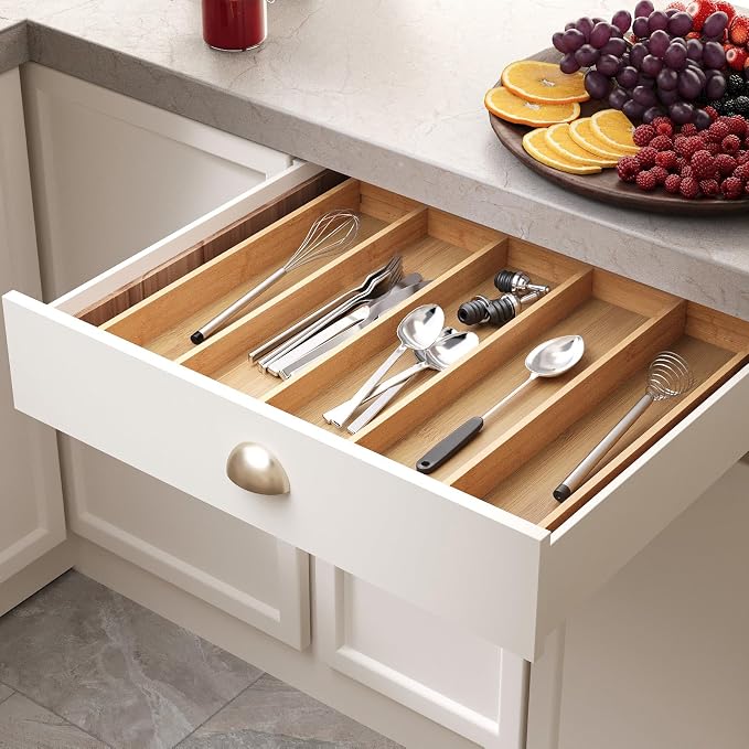 Fibogollo Expandable Bamboo Silverware Organizer, Kitchen Drawer Organizer | Flatware and Utensils Organizer Tray, Cutlery Organizer for Kitchen Drawer，Utensil Holder（13.3-22.8 x 16.9 x 2 inch）