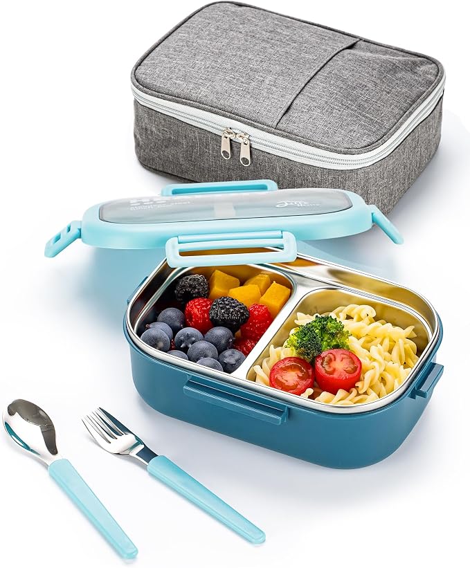 Lille Home 28oz Stainless Steel Leakproof 2-Compartment Bento Lunch Box | Portion Control Metal Lunch Box Food Container with Lunch Bag and Cutlery Set, BPA Free (Light Blue)
