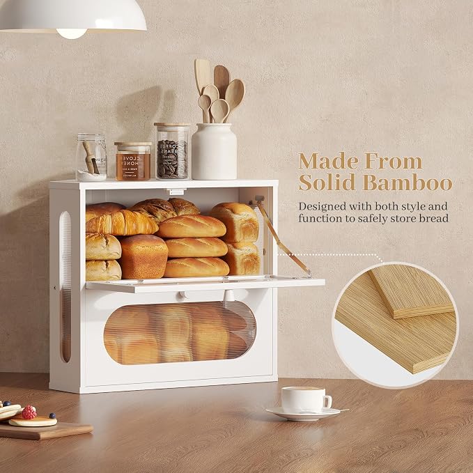 Corner Bread Box for Kitchen Countertop, 2026 New Double Layer Bamboo Bread Storage Bin, Large Bread Container for homemade bread (White)