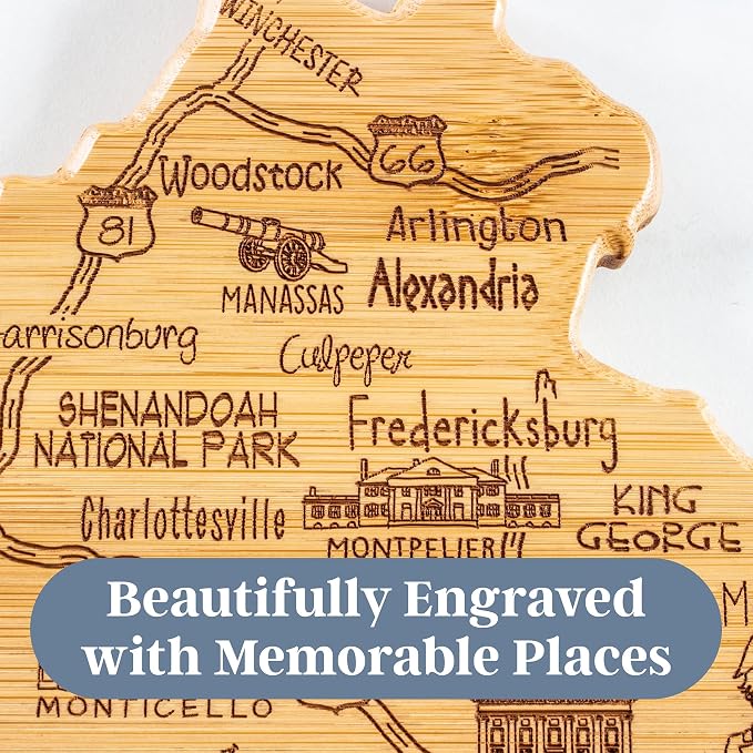 Totally Bamboo Destination Virginia State Shaped Cutting Board | State charcuterie serving board with engraved map artwork. Smooth reverse side for food prep. Hang tie for wall display.