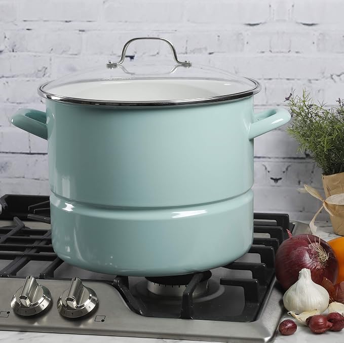 Kenmore Broadway 16-Quart Stock Pot With Steamer Insert and Lid, Glacier Blue, Large Stainless Steel Cookware for Boiling, Steaming, and Soups