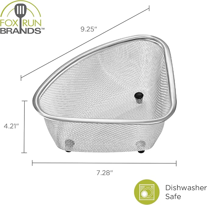 Fox Run Stainless Steel Colander, Triangular 3 Quart Pasta Strainer | Easily Strain Pasta, Rice & Spaghetti | Perfect Metal Strainer For Washing Fruit & Vegetables | Space Saving Colander