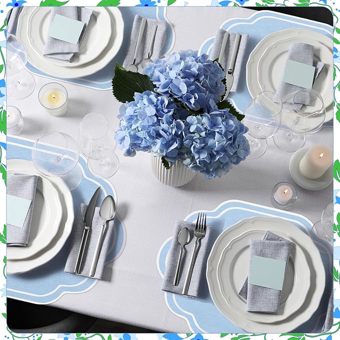 6-Piece Scalloped Embroidered Placemats - 17" x 13" Double-Layered Cotton Table Mats for Wedding, Party & Holiday Decor (Light Blue)