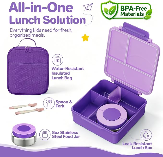 Bento Lunch Box Set for Kids with 8oz Soup Thermo, Leak-Proof Lunch Containers with 4 Compartment, Kids Thermo Hot Food Jar and Insulated Lunch Bag for Kid to School-Purple