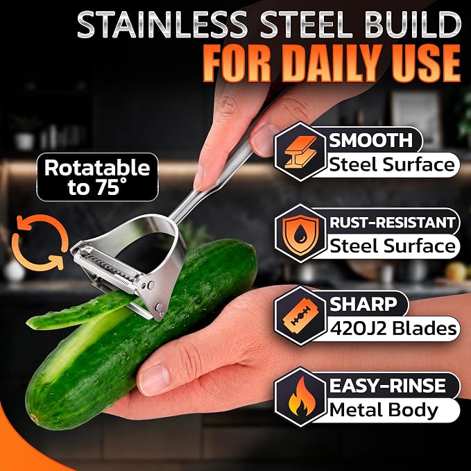 Stainless Steel Vegetable Peeler, 2-in-1 Peeler and Julienne Shredder Tool with Dual-Sided 420J2 Sharp Blade That Replaces Two Tools for Carrots, Cabbage, Potatoes, Cucumber, 5.6-Inch Ergonomic Handle