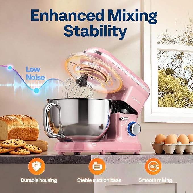 VIVOHOME Stand Mixer, 6-Quart Tilt-Head Kitchen Mixer with Bowl, Pink | 10 Speeds, Dough Hook, Beater, Whisk, Splash Guard, Egg Separator, for Cake & Bread