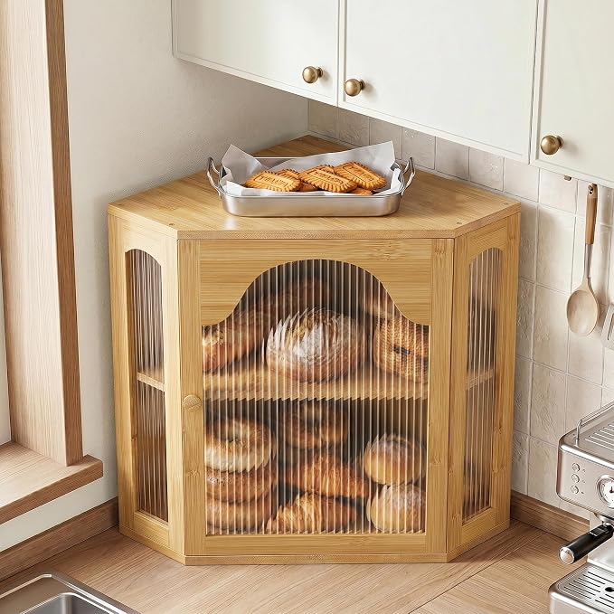 2-Tier Corner Bread Box for Kitchen Countertop with Acrylic Wavy Door Panel | Bread Storage for Homemade Bread, Large Bamboo Vintage Farmhouse Bread Bin, Cabinet Cupboard Pantry, Natural, Meduim