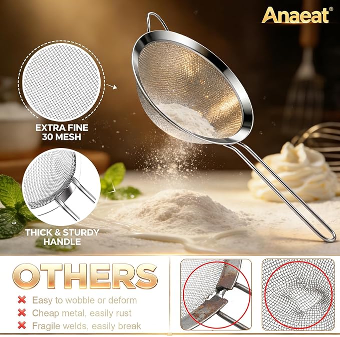 Anaeat Fine Mesh Strainers - Premium Stainless Steel Colander Sieve Sifters, with Durable Mesh and Sturdy Handle, Excellent for Sifting Dry ingredients, Flour, Pastas, Rice, Tea (7.09"）