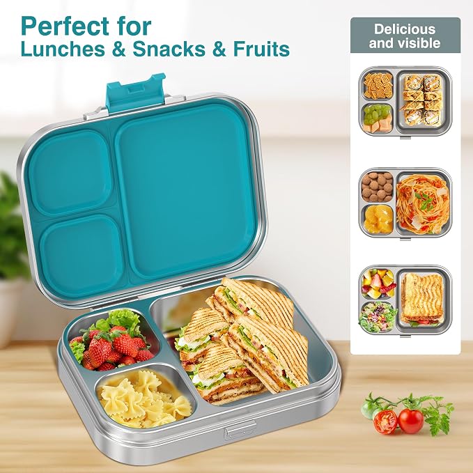 HOMEKOL Stainless Steel Bento Lunch Box 3 Compartments, 3.3 Cups, Blue | for Kids Adults, Leak-Proof Metal Lunch Container for Office School Picnic, BPA-Free, Dishwasher Safe